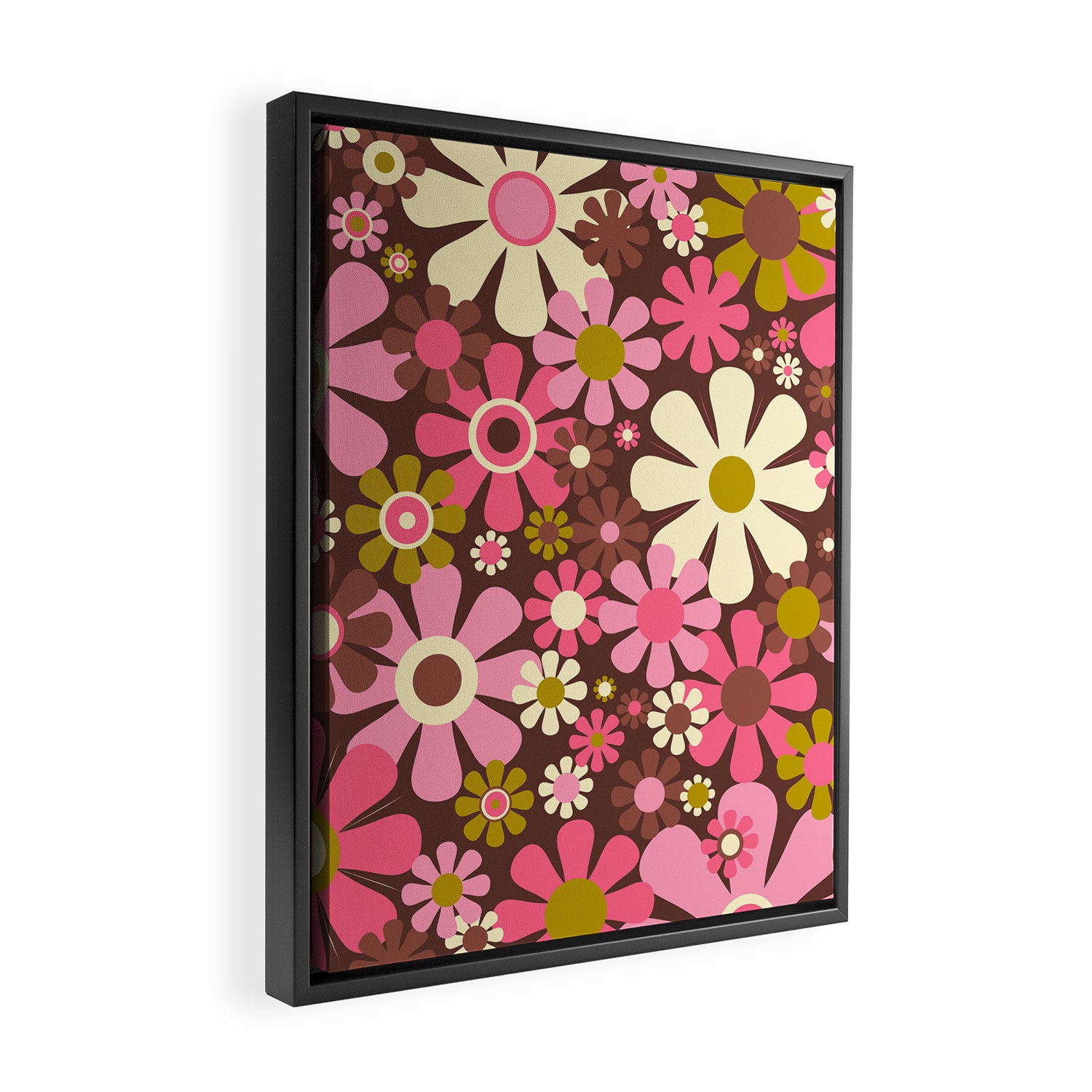 60s 70s Retro Floral Garden Cheerful Flower Pattern in Brown Pink Avocado Framed Canvas Print Gallery Image 2