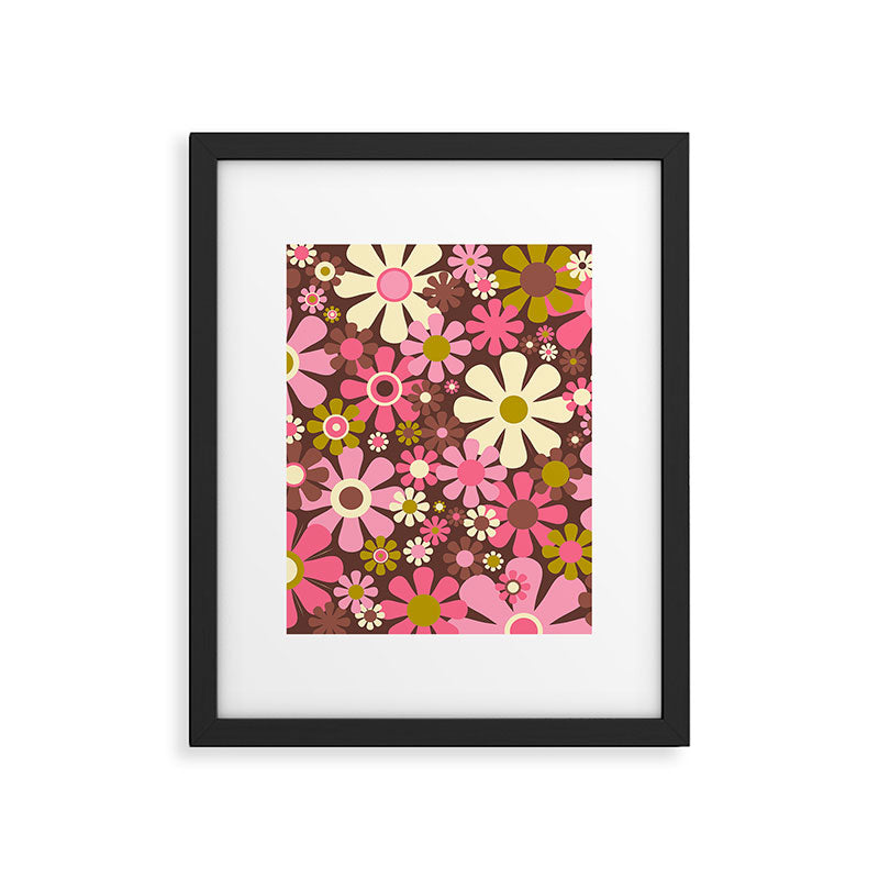 60s 70s Retro Floral Garden Cheerful Flower Pattern in Brown Pink Avocado Framed Art Print Gallery Image 6