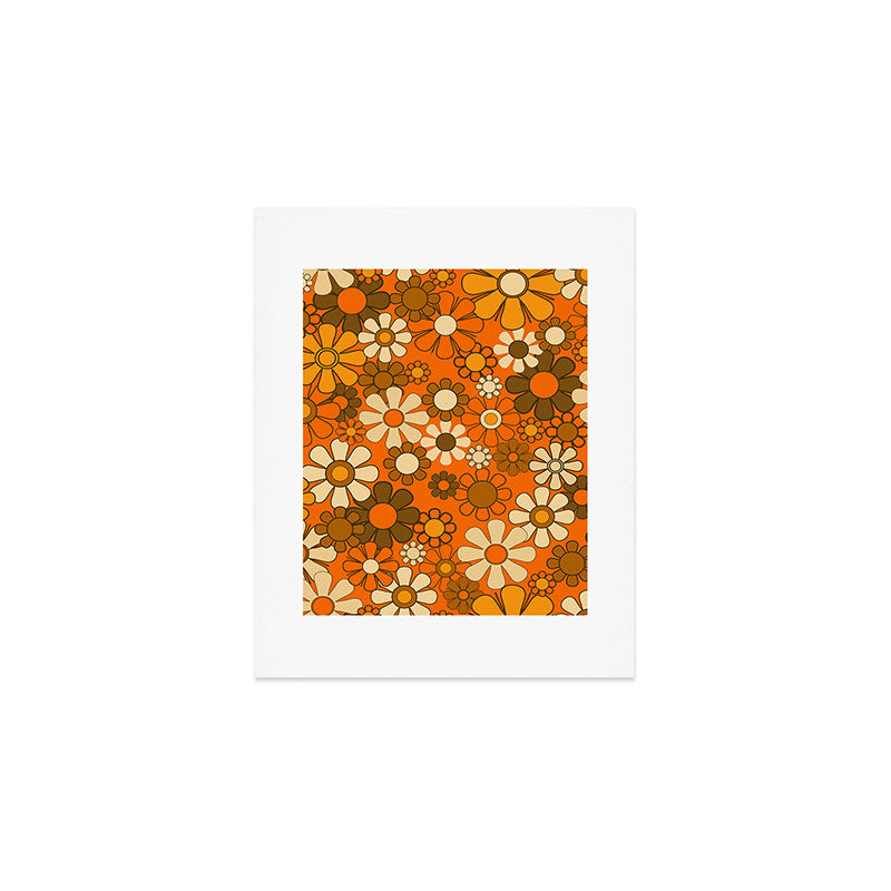 70s Retro Floral Pattern Groovy Garden Flowers in Orange and Brown Art Print Gallery Image 1