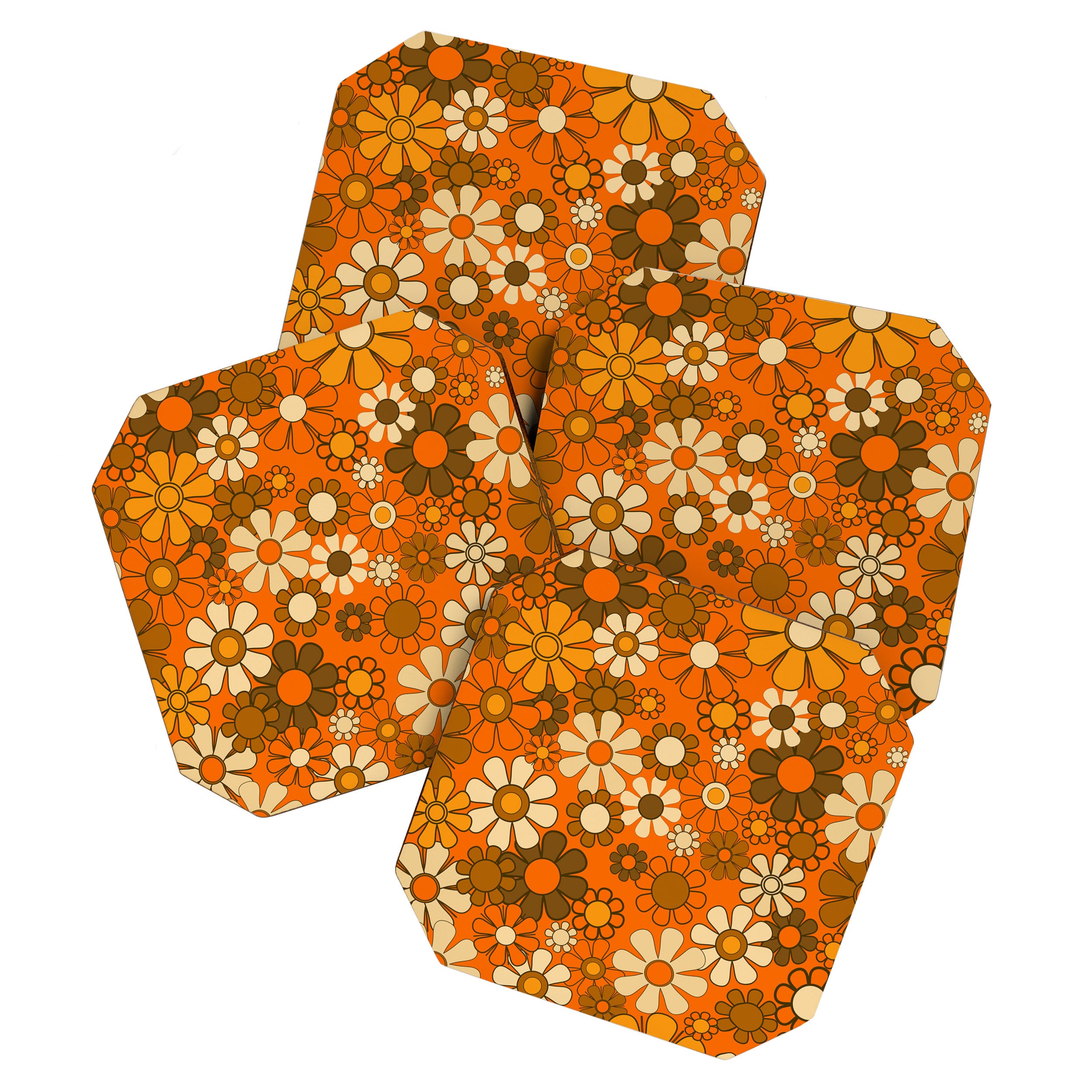 70s Retro Floral Pattern Groovy Garden Flowers in Orange and Brown Coaster Gallery Image 1