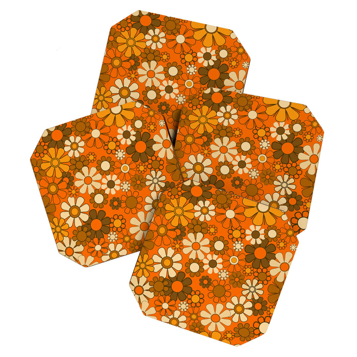 70s Retro Floral Pattern Groovy Garden Flowers in Orange and Brown Coaster Gallery Image 1