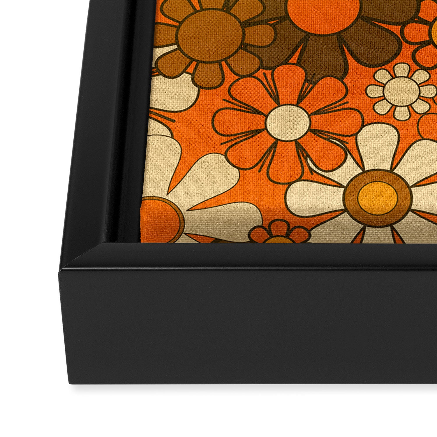 70s Retro Floral Pattern Groovy Garden Flowers in Orange and Brown Framed Canvas Print Gallery Image 3