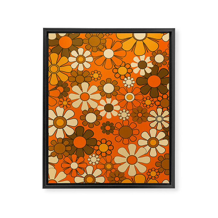 70s Retro Floral Pattern Groovy Garden Flowers in Orange and Brown Framed Canvas Print Gallery Image 1