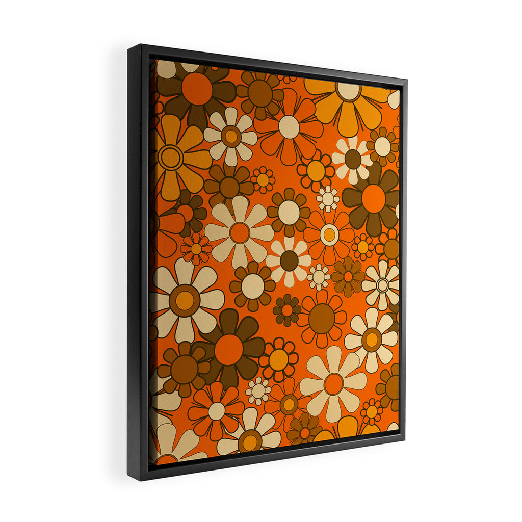 70s Retro Floral Pattern Groovy Garden Flowers in Orange and Brown Framed Canvas Print Gallery Image 2