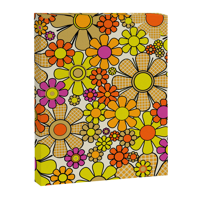 70s Retro Flowers Gingham Floral Pattern Orange Yellow Cream Canvas Print Gallery Image 1