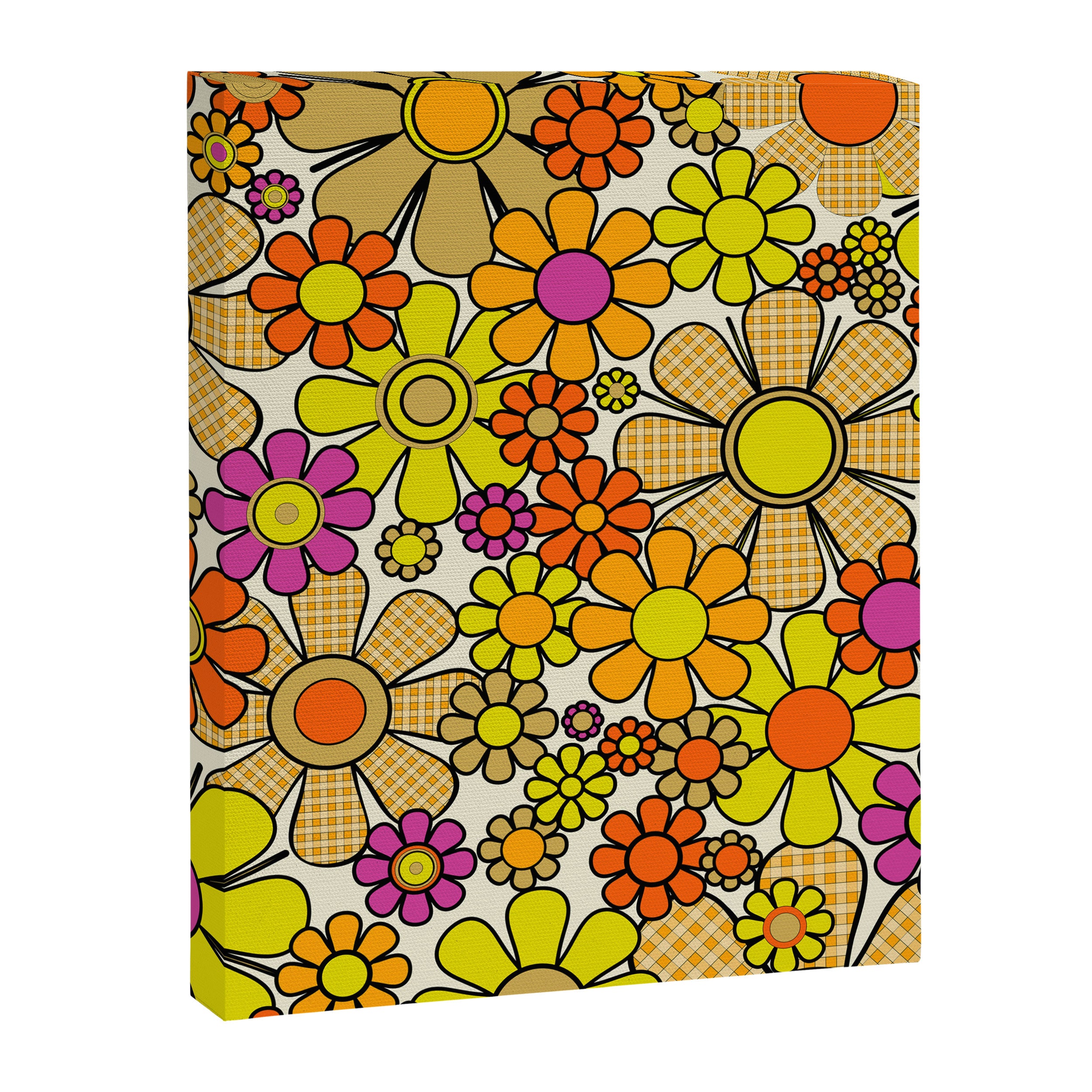 70s Retro Flowers Gingham Floral Pattern Orange Yellow Cream Canvas Print Gallery Image 8