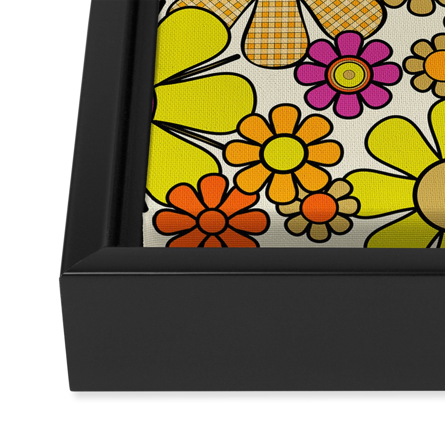 70s Retro Flowers Gingham Floral Pattern Orange Yellow Cream Framed Canvas Print Gallery Image 3