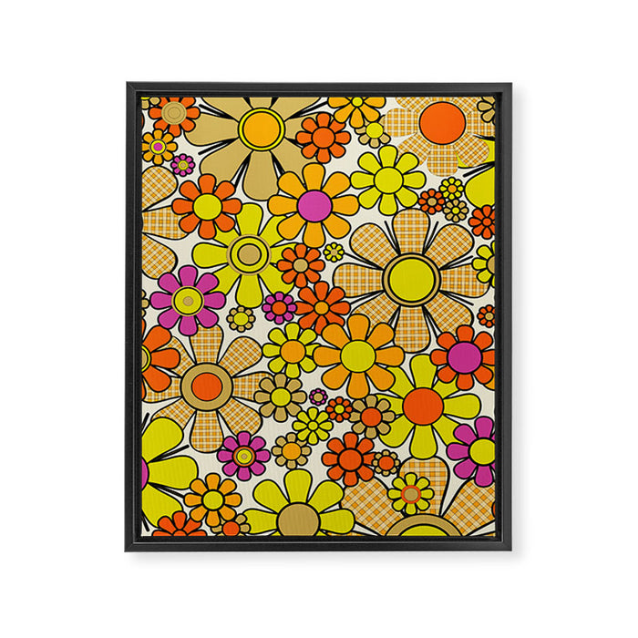 70s Retro Flowers Gingham Floral Pattern Orange Yellow Cream Framed Canvas Print Gallery Image 1