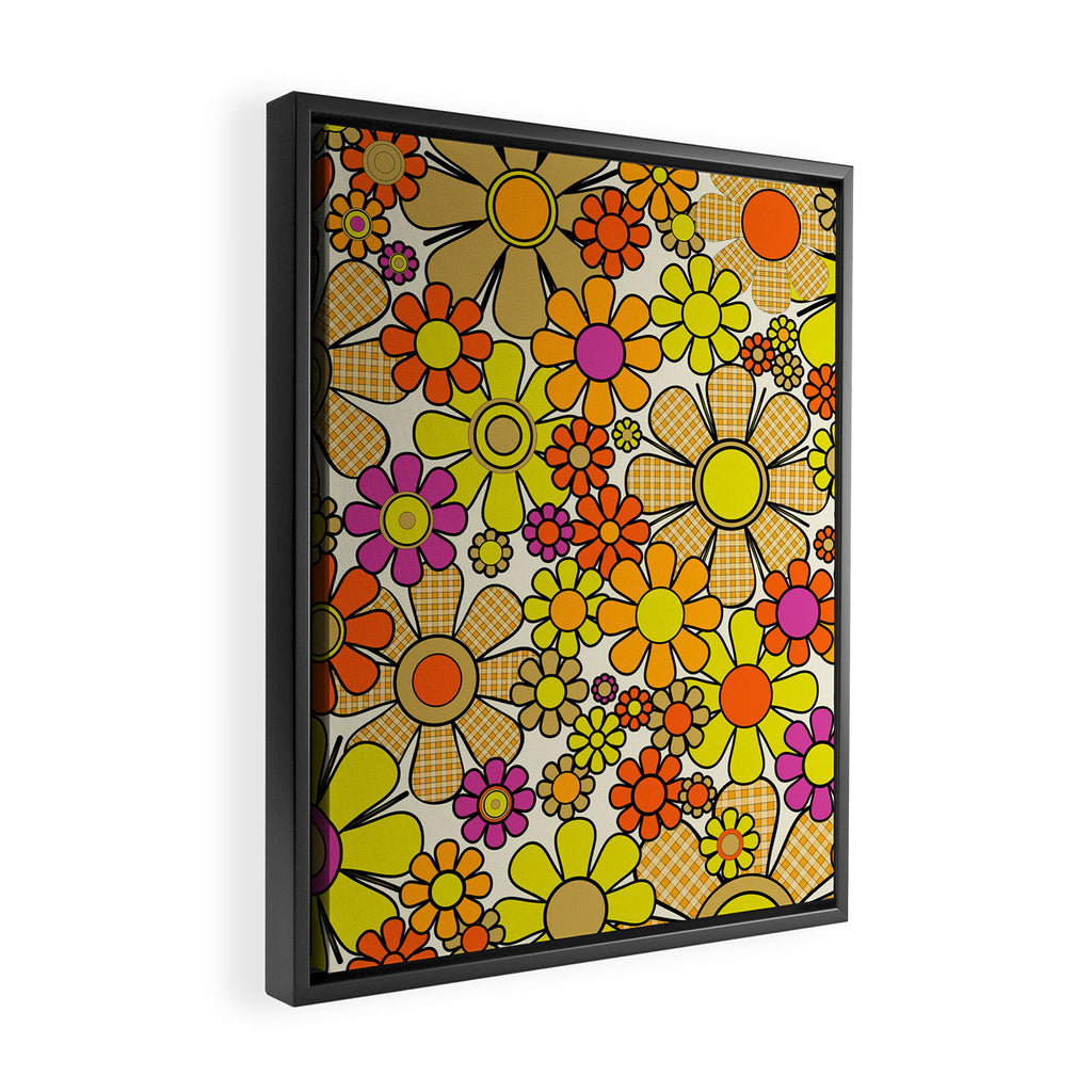 70s Retro Flowers Gingham Floral Pattern Orange Yellow Cream Framed Canvas Print Gallery Image 2
