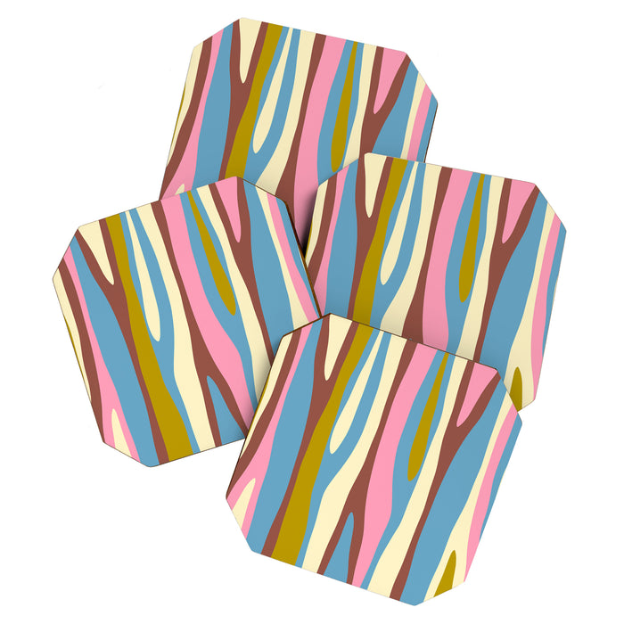 Abstract Eclectic Wild Stripes Pattern in Blue Pink Avocado Brown Coaster Gallery Image 1