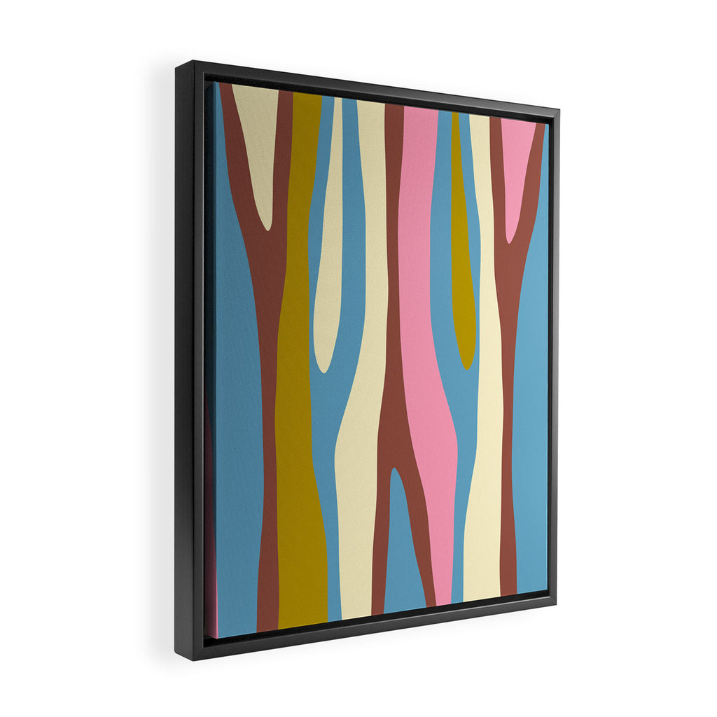 Abstract Eclectic Wild Stripes Pattern in Blue Pink Avocado Brown Framed Canvas Print Gallery Image 2