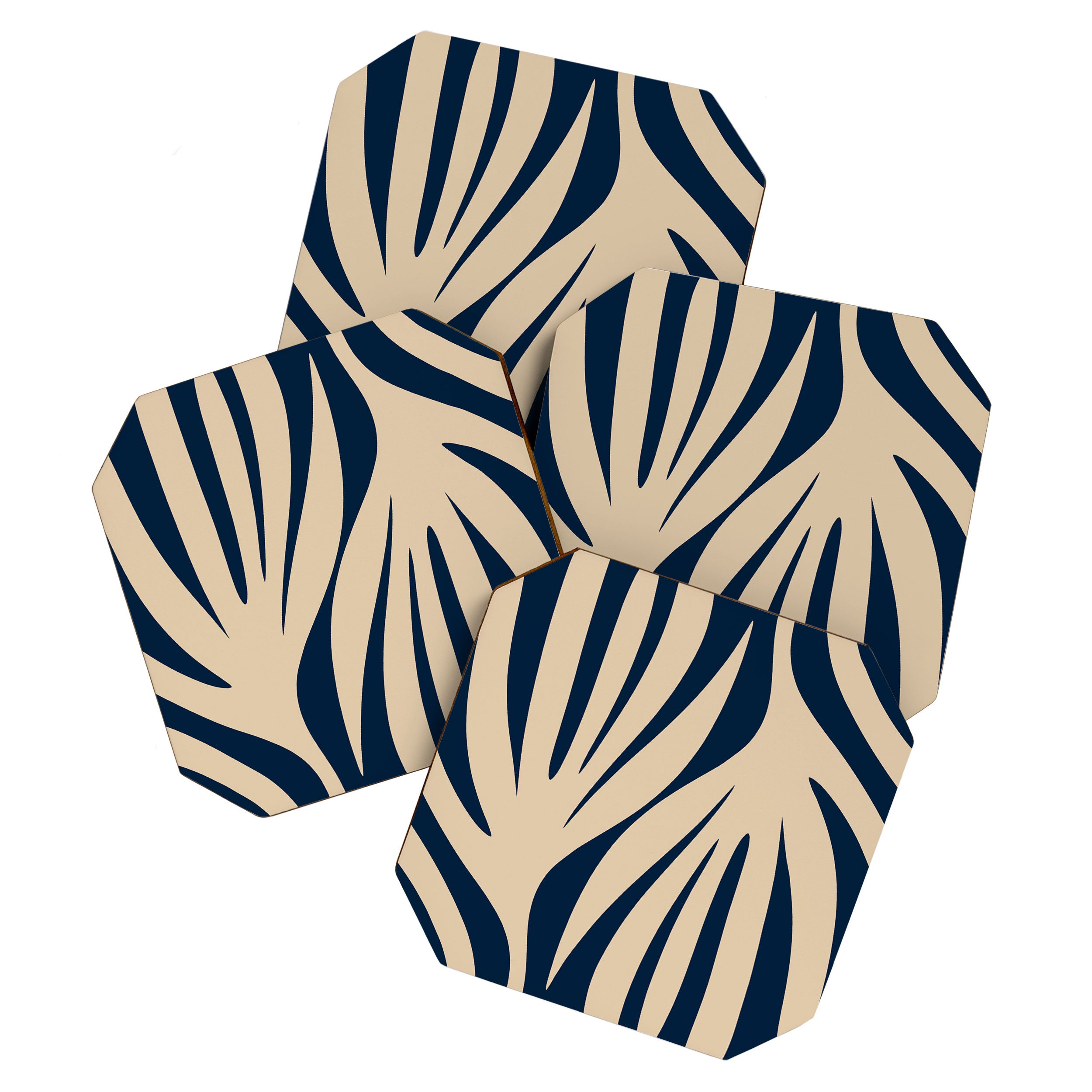 Abstract Maldives Leaves Minimalist Pattern in Mid Century Modern Navy Blue and Beige Coaster Gallery Image 1
