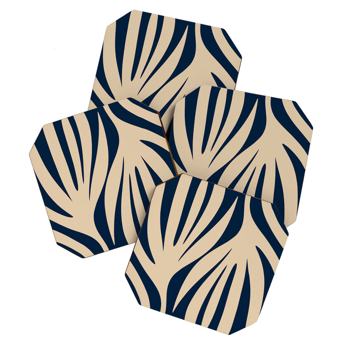 Abstract Maldives Leaves Minimalist Pattern in Mid Century Modern Navy Blue and Beige Coaster Gallery Image 1