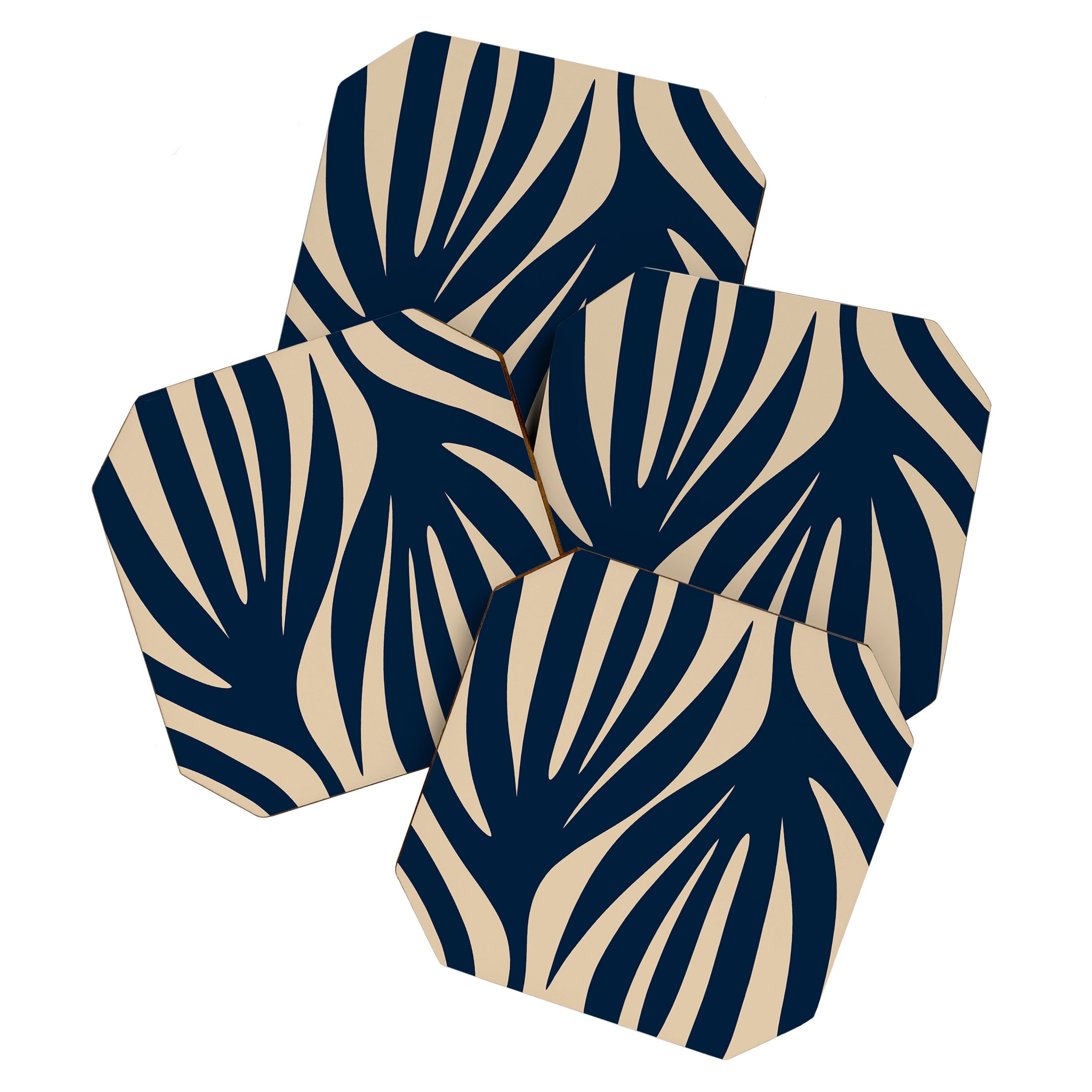 Abstract Minimalist Maldives Leaves Pattern in Mid Century Modern Navy Blue and Beige Coaster Gallery Image 1