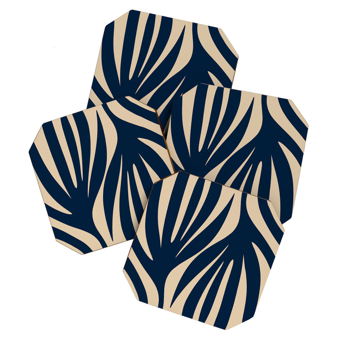 Abstract Minimalist Maldives Leaves Pattern in Mid Century Modern Navy Blue and Beige Coaster Gallery Image 1