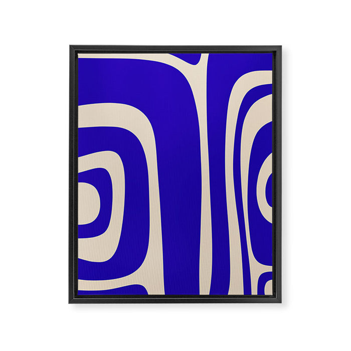 Abstract Minimalist Mid Century Modern Tiki Pattern in Cobalt Blue and Beige Framed Canvas Print Gallery Image 1
