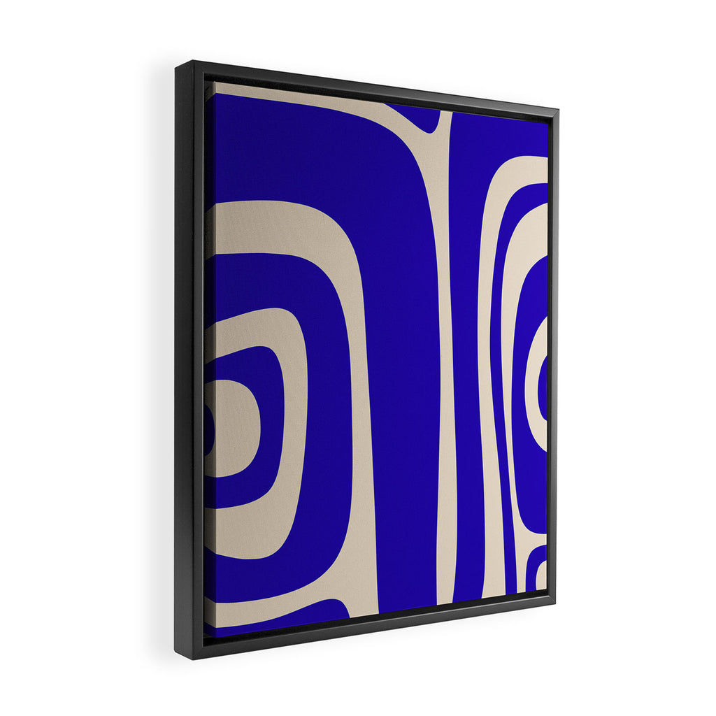 Abstract Minimalist Mid Century Modern Tiki Pattern in Cobalt Blue and Beige Framed Canvas Print Gallery Image 2