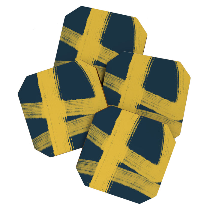 Abstract Minimalist Painted Brushstrokes in Light Mustard and Navy Blue 1 Coaster Gallery Image 1