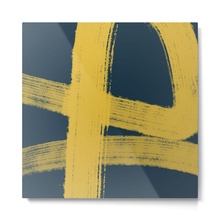 Abstract Minimalist Painted Brushstrokes in Light Mustard and Navy Blue 1 Metal Print Gallery Image 1