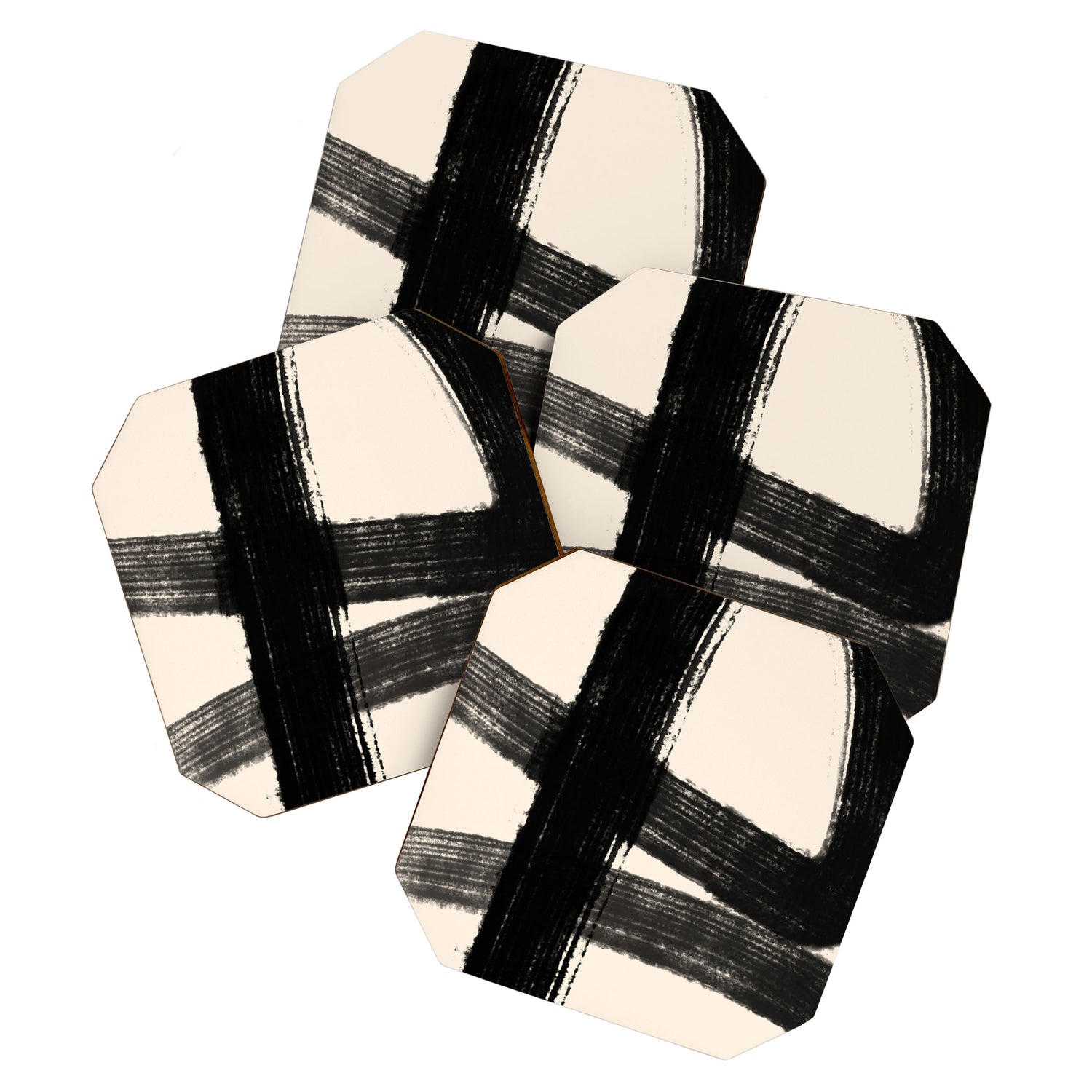 Abstract Minimalist Painted Brushstrokes in Black and Almond Cream 1 Coaster Gallery Image 1