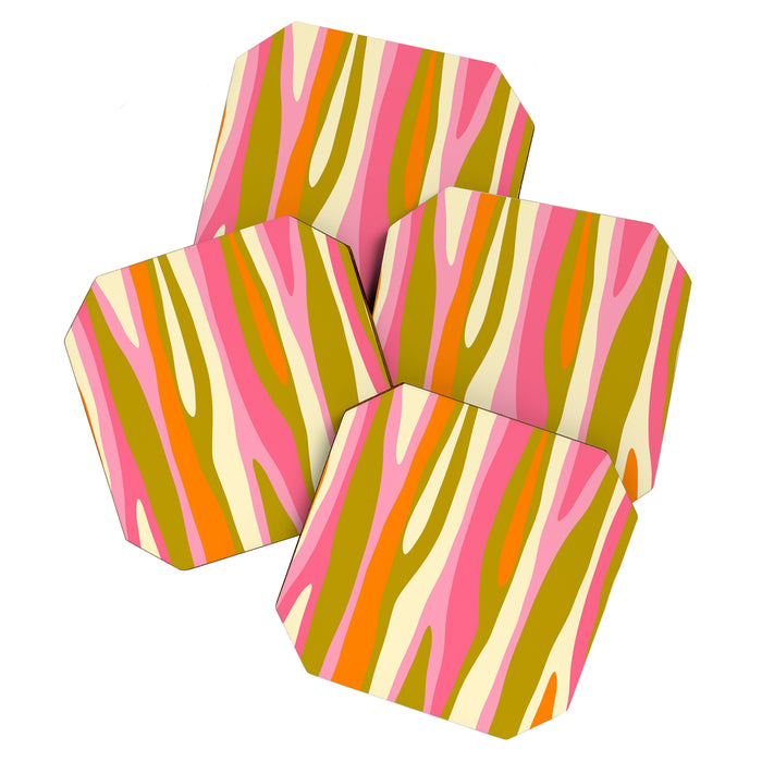 Abstract Wild Stripes Eclectic Pattern in Pink Chartreuse Orange Cream Coaster Gallery Image 1
