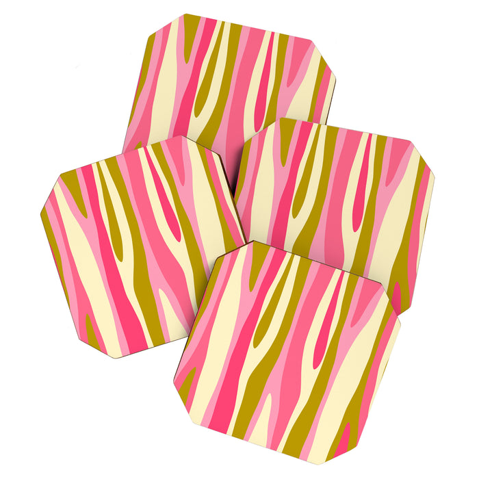 Abstract Wild Stripes Pattern in Pink and Olive Yellow Coaster Gallery Image 1