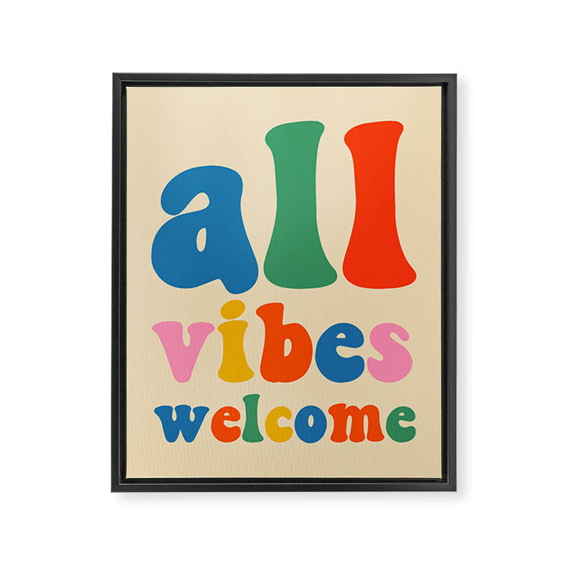 All Vibes Welcome Colorful Retro Inclusivity Typography Framed Canvas Print Gallery Image 6