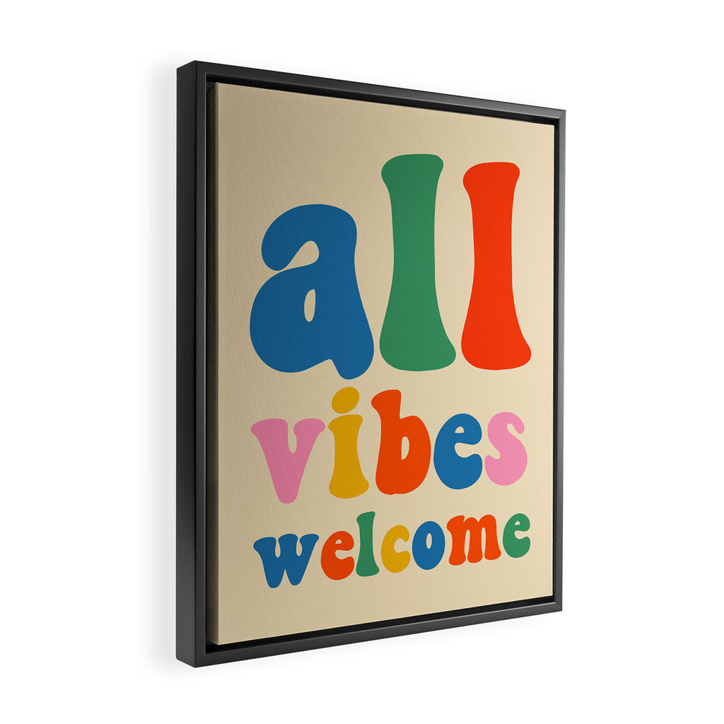 All Vibes Welcome Colorful Retro Inclusivity Typography Framed Canvas Print Gallery Image 2
