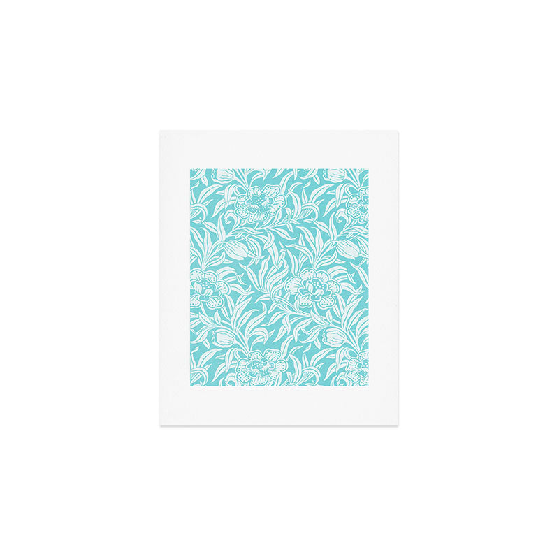 Aqua Turquoise Blue Vintage Floral Botanical Pattern Art Print Gallery Image 1
