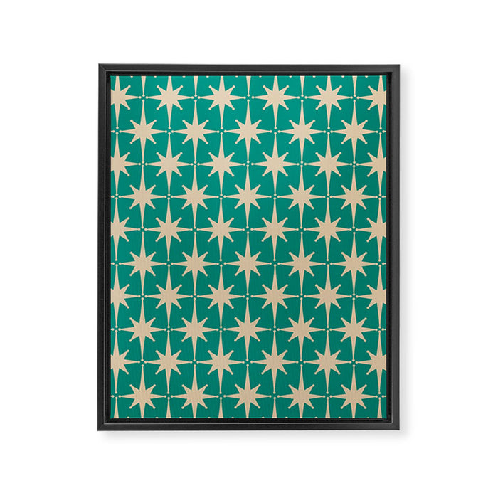 Atomic Age 1950s Retro Starburst Pattern in Mid-Century Modern Beige and Turquoise Teal   Framed Canvas Print Gallery Image 1