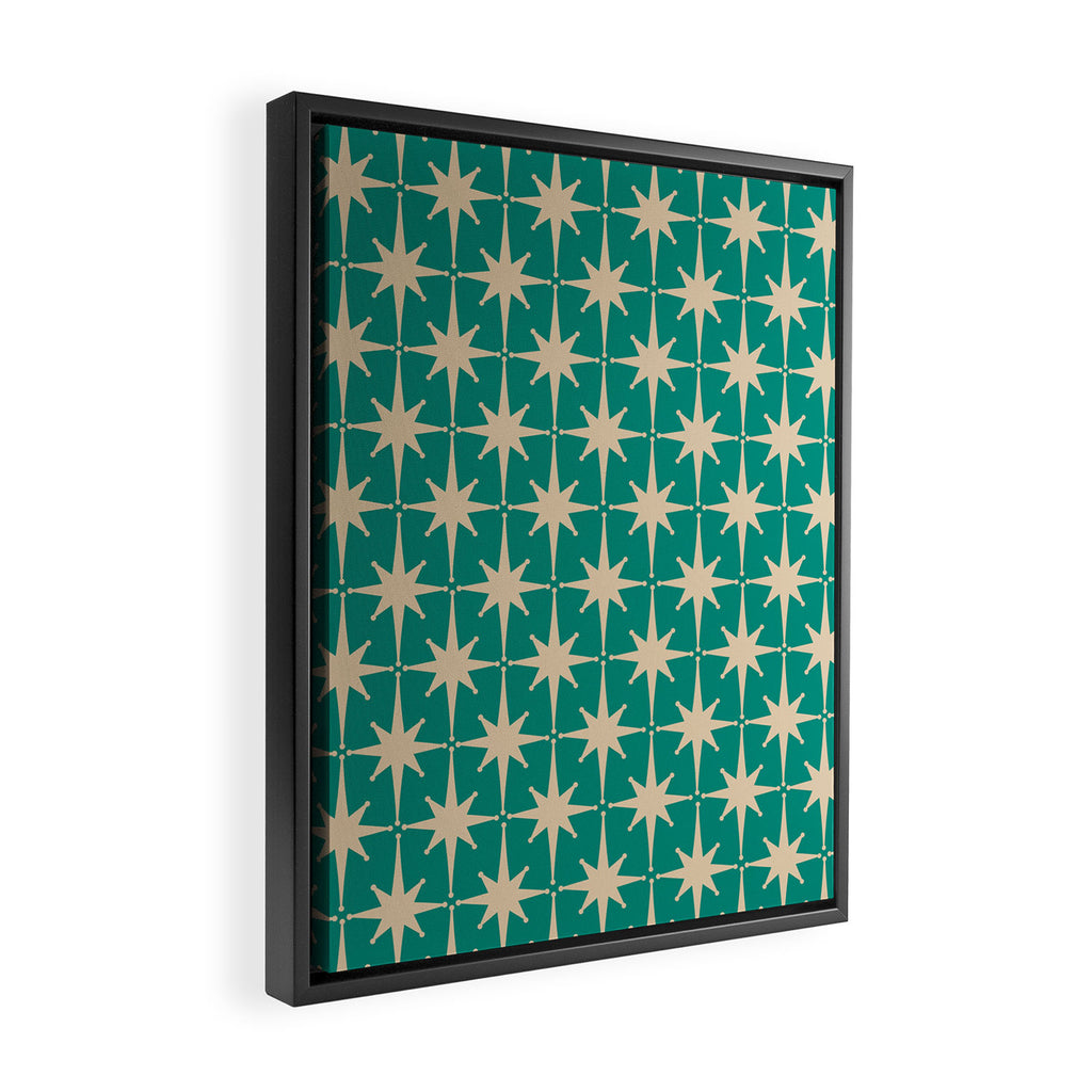 Atomic Age 1950s Retro Starburst Pattern in Mid-Century Modern Beige and Turquoise Teal   Framed Canvas Print Gallery Image 2