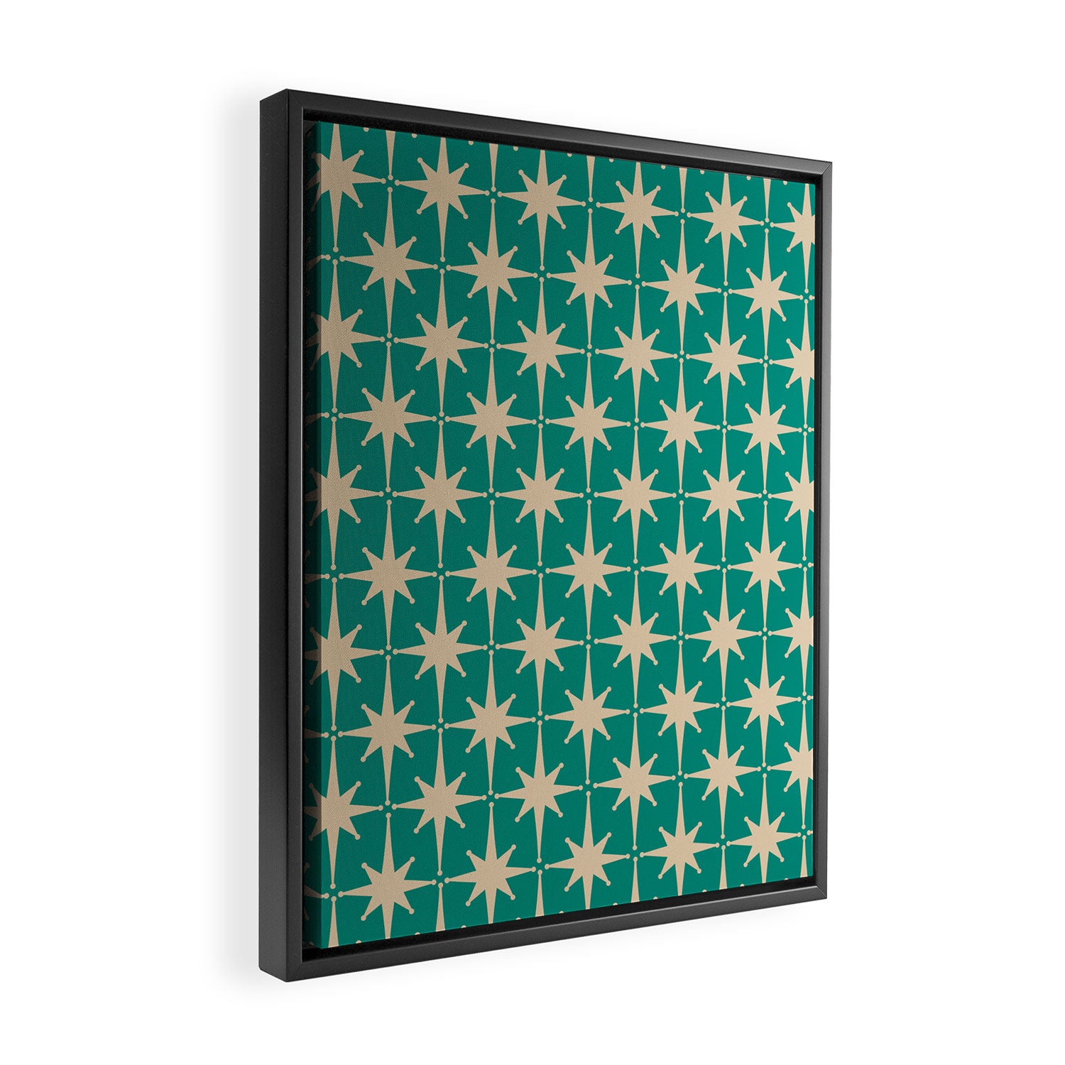 Atomic Age 1950s Retro Starburst Pattern in Mid-Century Modern Beige and Turquoise Teal   Framed Canvas Print Gallery Image 2