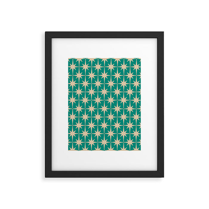 Atomic Age 1950s Retro Starburst Pattern in Mid-Century Modern Beige and Turquoise Teal   Framed Art Print Gallery Image 1