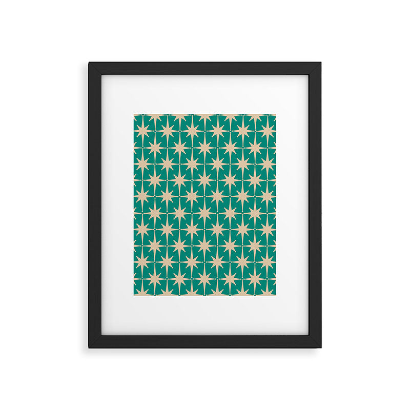 Atomic Age 1950s Retro Starburst Pattern in Mid-Century Modern Beige and Turquoise Teal   Framed Art Print Gallery Image 4