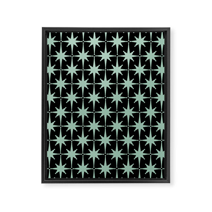 Atomic Age 1950s Retro Starburst Pattern in Mid-Century Modern Mint and Black Framed Canvas Print Gallery Image 1