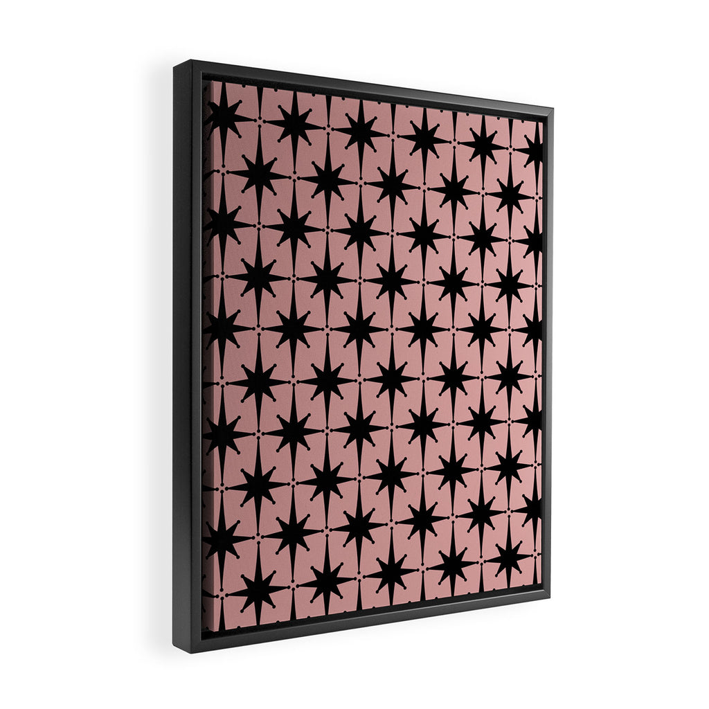 Atomic Age 1950s Retro Starburst Pattern in Black and 50s Dusty Blush Pink Framed Canvas Print Gallery Image 2