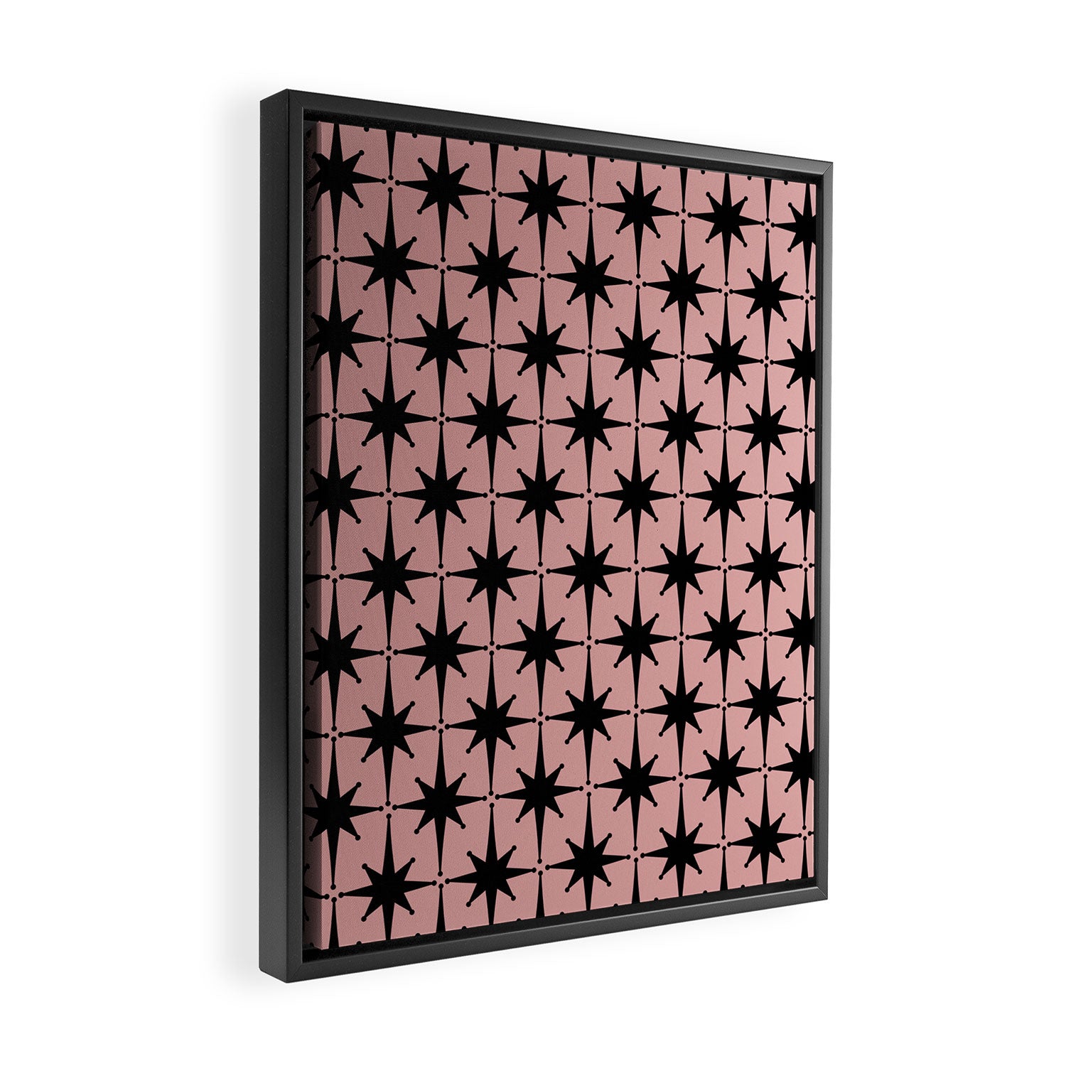 Atomic Age 1950s Retro Starburst Pattern in Black and 50s Dusty Blush Pink Framed Canvas Print Gallery Image 2