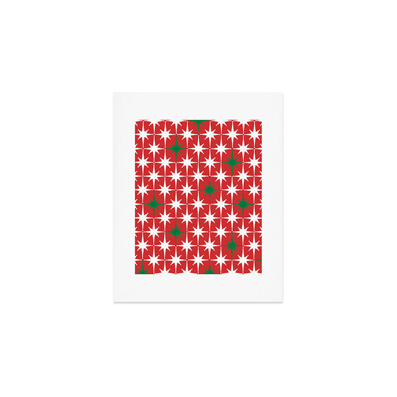 Atomic Age 1950s Retro Vintage Mid-Century Starbursts Pattern in Christmas Green Red White Art Print Gallery Image 1