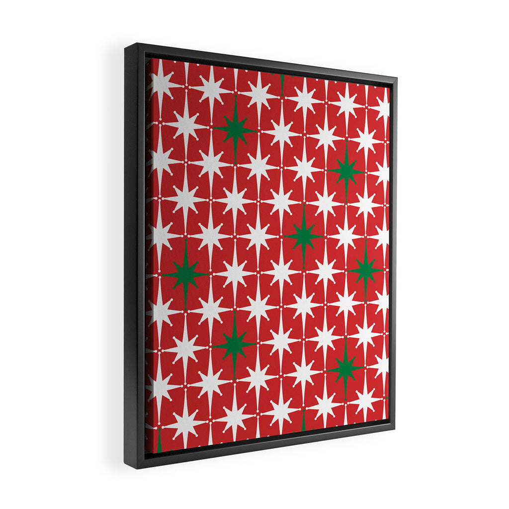 Atomic Age 1950s Retro Vintage Mid-Century Starbursts Pattern in Christmas Green Red White Framed Canvas Print Gallery Image 2