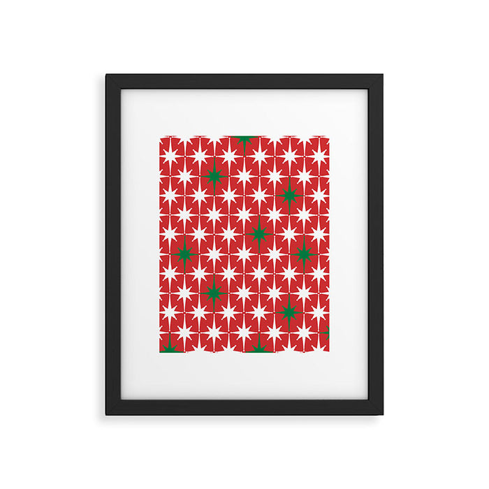 Atomic Age 1950s Retro Vintage Mid-Century Starbursts Pattern in Christmas Green Red White Framed Art Print Gallery Image 1