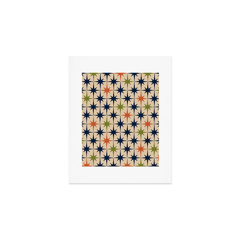 Atomic Age 1950s Starburst Pattern in Mid Mod Orange, Olive Green, Navy Blue, and Beige Art Print Gallery Image 1