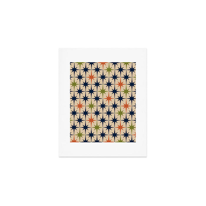 Atomic Age 1950s Starburst Pattern in Mid Mod Orange, Olive Green, Navy Blue, and Beige Art Print Gallery Image 1