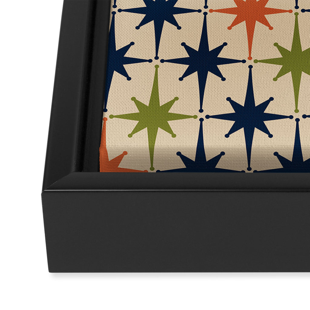 Atomic Age 1950s Starburst Pattern in Mid Mod Orange, Olive Green, Navy Blue, and Beige Framed Canvas Print Gallery Image 3