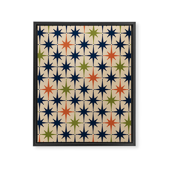 Atomic Age 1950s Starburst Pattern in Mid Mod Orange, Olive Green, Navy Blue, and Beige Framed Canvas Print Gallery Image 1