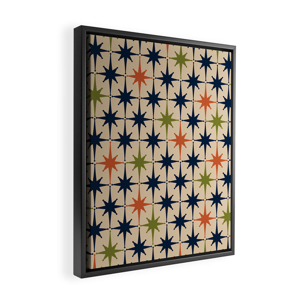 Atomic Age 1950s Starburst Pattern in Mid Mod Orange, Olive Green, Navy Blue, and Beige Framed Canvas Print Gallery Image 2