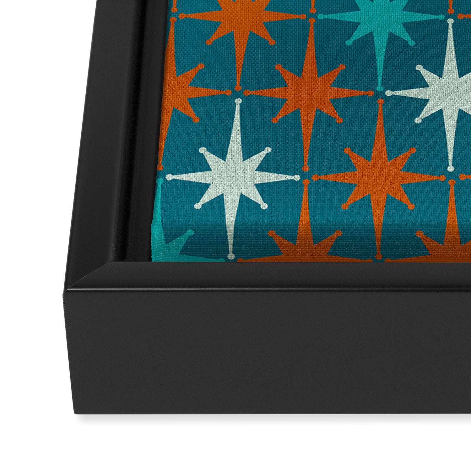 Atomic Age 1950s Starburst Pattern in Mid-Century Modern Turquoise, Rust, Teal Framed Canvas Print Gallery Image 3
