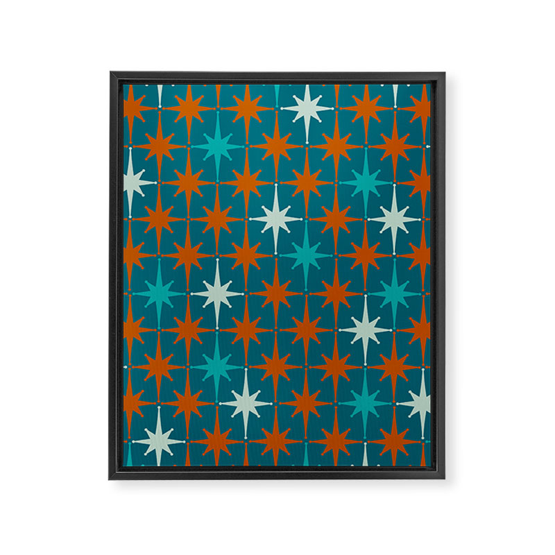 Atomic Age 1950s Starburst Pattern in Mid-Century Modern Turquoise, Rust, Teal Framed Canvas Print Gallery Image 6