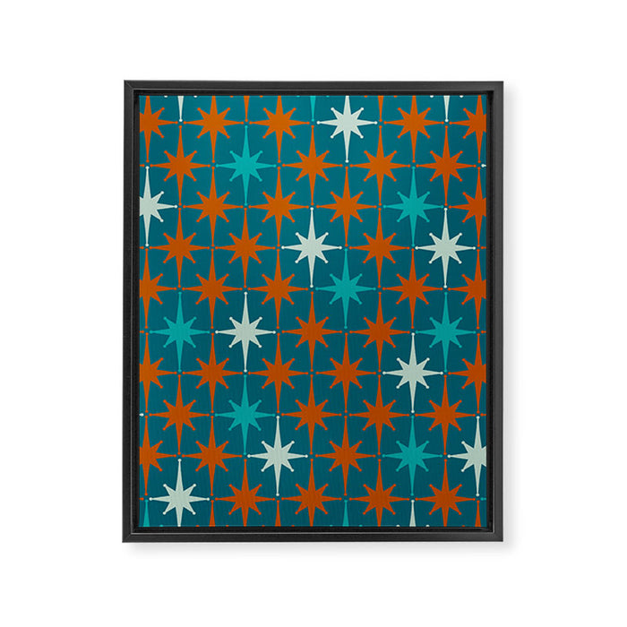 Atomic Age 1950s Starburst Pattern in Mid-Century Modern Turquoise, Rust, Teal Framed Canvas Print Gallery Image 1