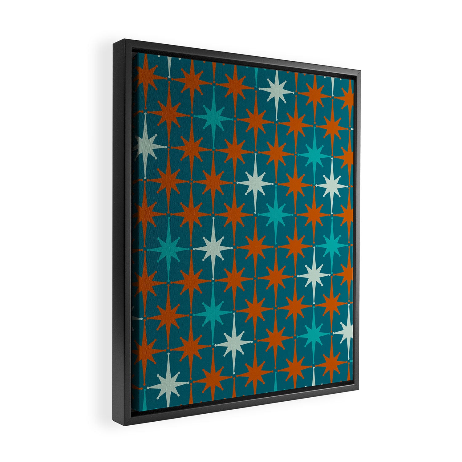 Atomic Age 1950s Starburst Pattern in Mid-Century Modern Turquoise, Rust, Teal Framed Canvas Print Gallery Image 2