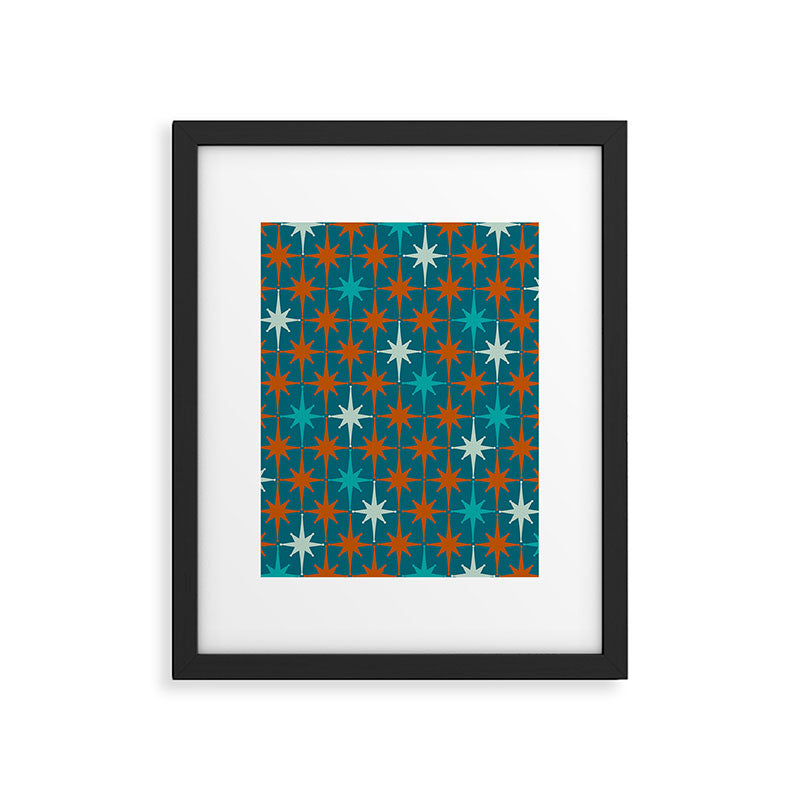Atomic Age 1950s Starburst Pattern in Mid-Century Modern Turquoise, Rust, Teal Framed Art Print Gallery Image 5